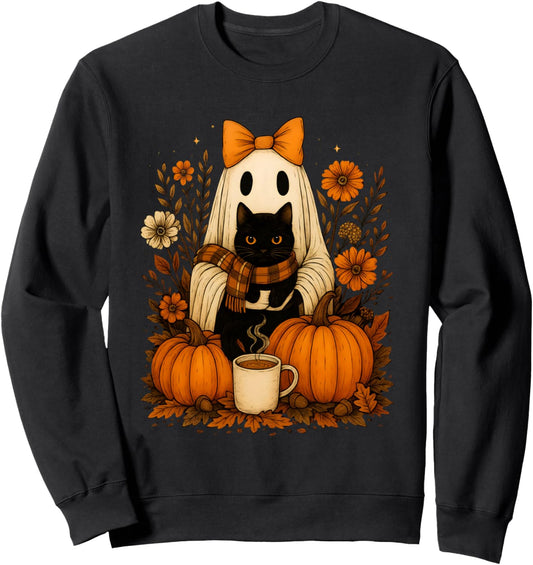 Groovy Floral Halloween Spooky Ghost Holding Black Cat Goth Sweatshirt
