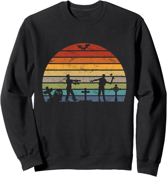 Halloween Retro Sunset Bat Scary Zombie Hunter Graveyard Sweatshirt