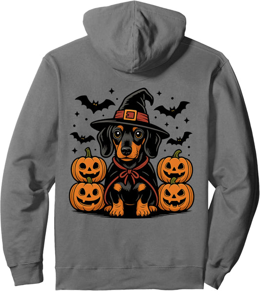 Halloween Dachshund Dog Witch Hat Pumpkin Bats Spooky Season Pullover Hoodie