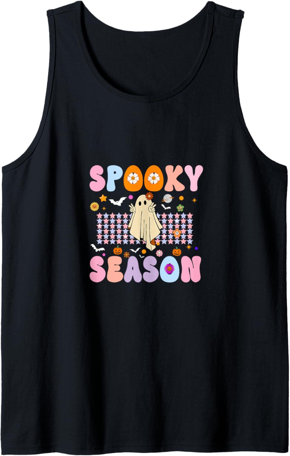 Groovy Spooky Season Retro Ghost Holding Pumpkin Halloween Tank Top