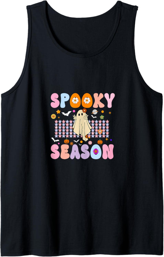 Groovy Spooky Season Retro Ghost Holding Pumpkin Halloween Tank Top