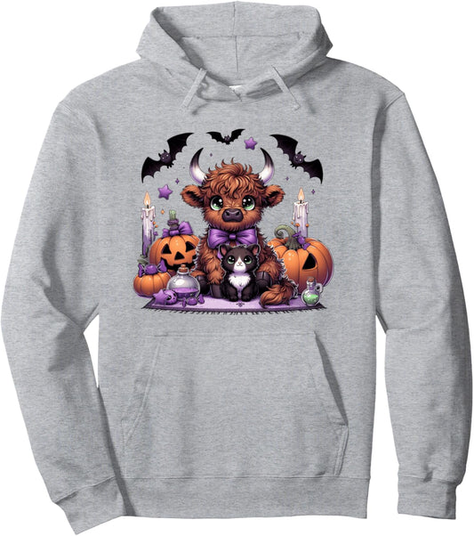 Halloween Highland Cow and Cat Spooky Season Fall Pumpkin Pullover Hoodie