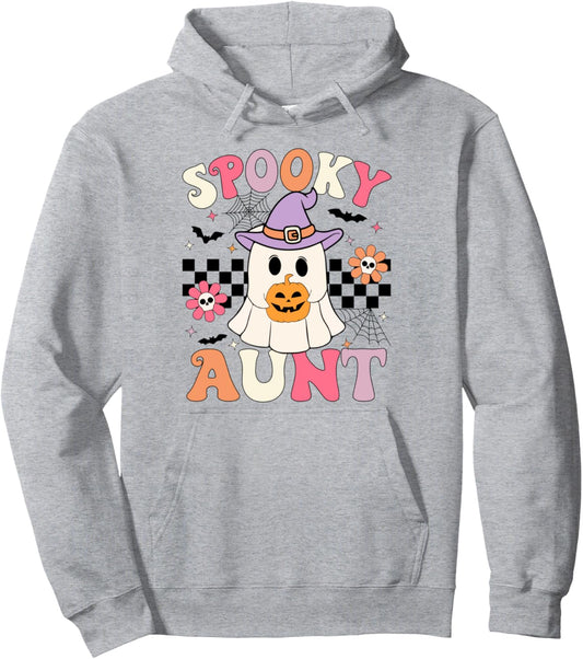Groovy Spooky Aunt Retro Ghost Holding Pumpkin Halloween Pullover Hoodie