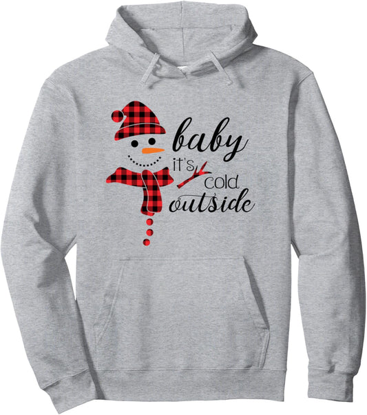 Baby It's Cold Outside Cute Christmas Snowman Buffalo Plaid Pullover Hoodie