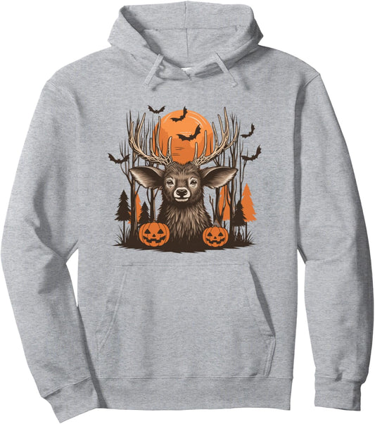 Halloween Deer Forest Buck Hunting Spooky Season Pumpkin Pullover Hoodie