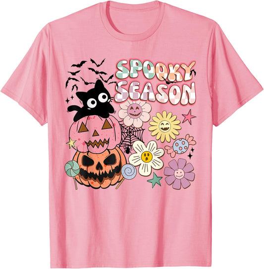 Halloween Pumpkin Shirt Women Spooky Season Retro Halloween T-Shirt