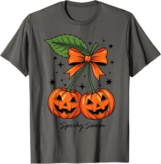 Halloween Pumpkin Cherries Coquette Bow Spooky Season Girls T-Shirt