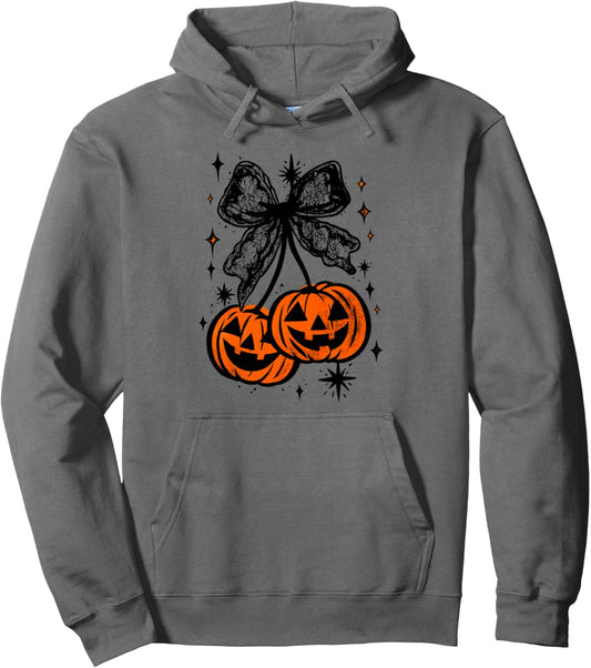 Halloween Cherries Pumpkin Lace Coquette Pumpkin Bow Season Pullover Hoodie