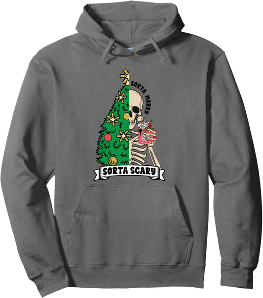 Halloween Christmas Skeleton Sorta Merry Scary Xmas Tree Pullover Hoodie