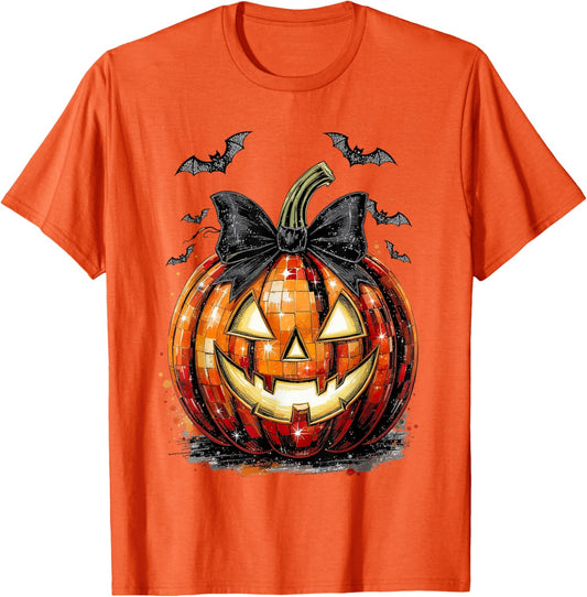 Halloween Pumpkin Disco Coquette Bow Spooky Season Autumn T-Shirt