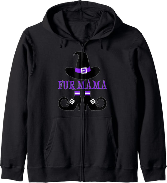 Halloween Fur Mama Witch Zip Hoodie