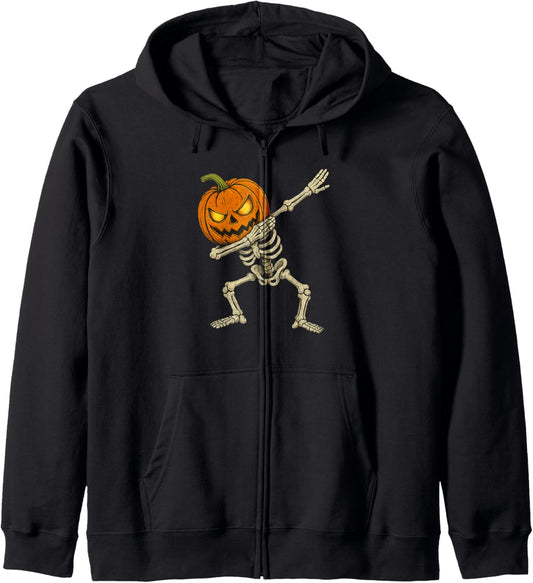 Halloween Boys Dabbing Skeleton Scary Pumpkin Jack O Lantern Zip Hoodie