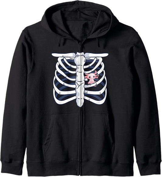 Axolotl Heart Fan Skeleton Chest Costume Carneval Halloween Zip Hoodie