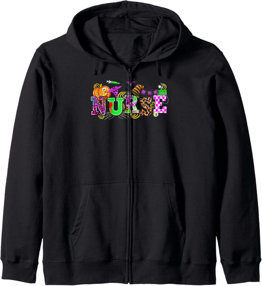 Halloween Nurse Nursing Cute Health Worker Halloween Pattern Zip Hoodie