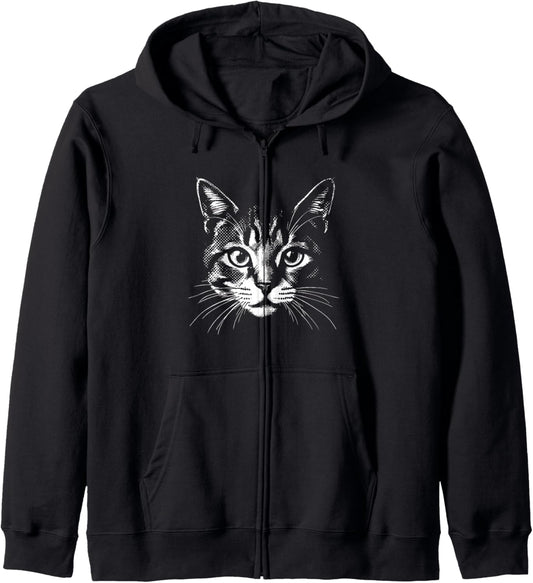 Halftone Funny Gothic Weird Face Kitten Cat Meme Halloween Zip Hoodie