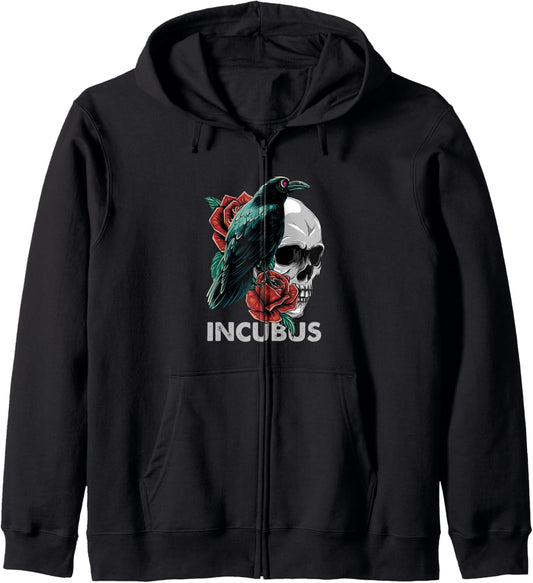 Halloween Graphic Incubus-Crow Left Skull Morning And Flower Zip Hoodie