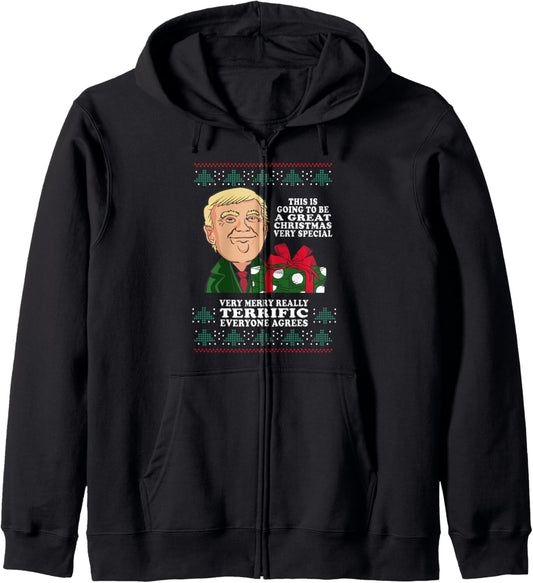 Great Terrific Merry Christmas Funny Donald Trump Xmas Ugly Zip Hoodie