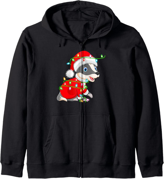 Badger Christmas Lights Santa Costume Cute Animal Xmas Zip Hoodie