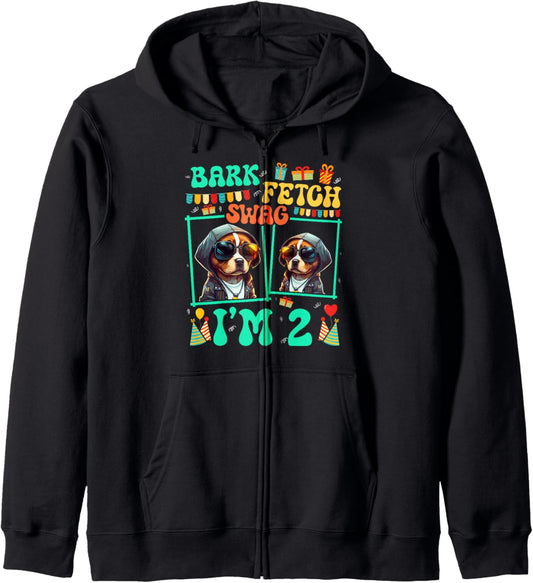 Bark Fetch Swag I'm 2 Dog Pet Lover Kid 2nd Birthday Zip Hoodie