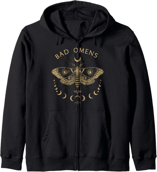 Bad Omens Moth Phase of Moon Occult Mystic for Halloween Zip Hoodie