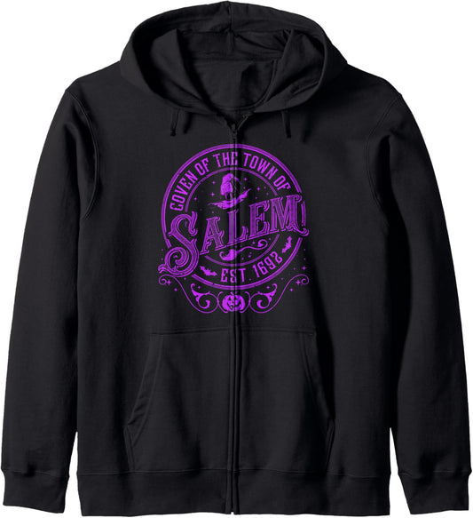 Halloween Coven Of Salem 1692 Broom & Witch Hat Zip Hoodie