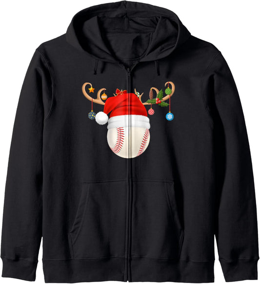 Baseball Christmas Reindeer Santa Hat Sports Player Xmas Zip Hoodie