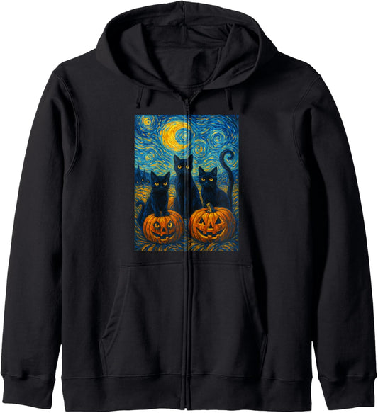 Halloween Black CatS Lover Starry Night Vincent Van Gogh Cat Zip Hoodie