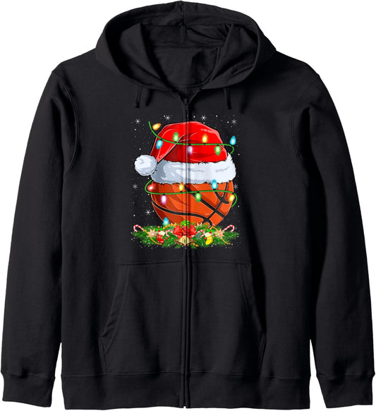 Basketball Christmas Lights Funny Basketball Player Xmas Zip Hoodie