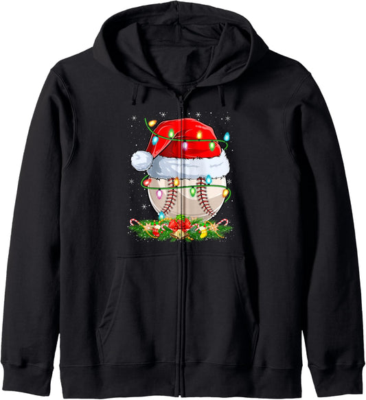 Baseball Christmas Lights Funny Santa Baseball Player Xmas Zip Hoodie