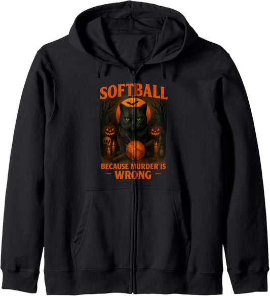 Halloween Softball Cat Costume Funny Pun Spooky Zip Hoodie