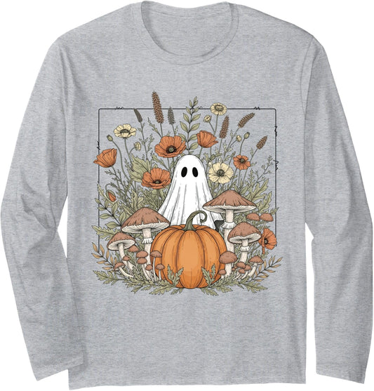 Halloween Ghost Spooky Season Retro Boho Floral Pumpkin Long Sleeve T-Shirt