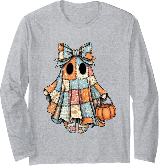 Halloween Ghost Patchwork Spooky Season Trick or Treat Girls Long Sleeve T-Shirt