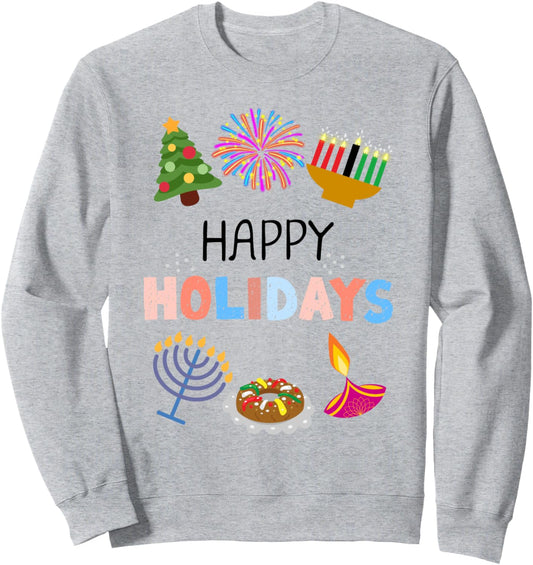 Bananatrona Unisex-Adults Happy Holidays Inclusive Christmas, Hanukkah, Diwali Kwanzaa Sweatshirt - Blue, Medium