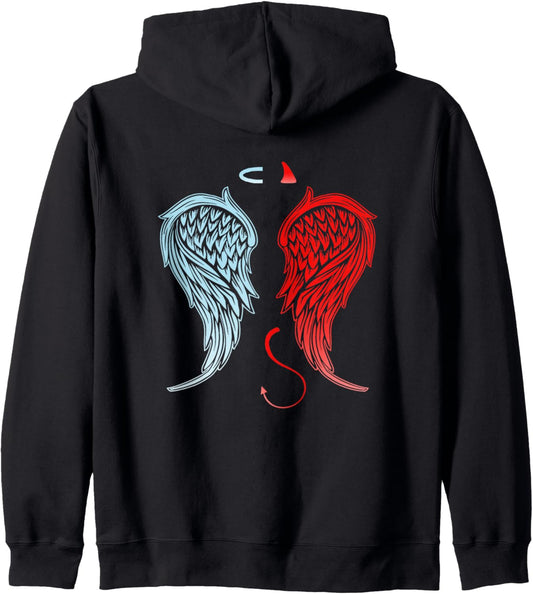 Half Angel Devil Wings on Back Halo Horns Tail Halloween Zip Hoodie