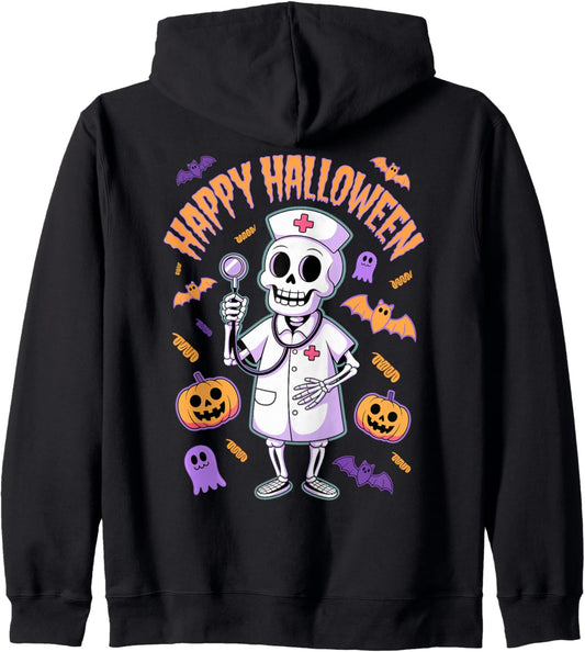 Halloween Nurse Skeleton Happy Halloween Zip Hoodie