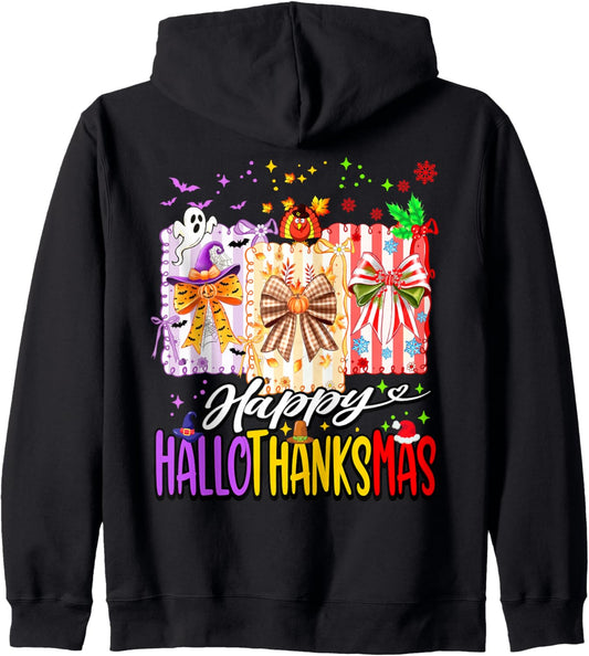 Hallothanksmas Cute Coquette Bow Halloween Thanksgiving Xmas Zip Hoodie