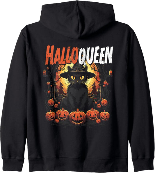 Halloqueen Witchy Black Cat Between Pumpkin Heads Halloween Zip Hoodie