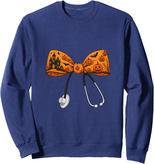 Halloween Nurse Bow, Stethoscope And Pumpkin Scene With Bats Sweatshirt