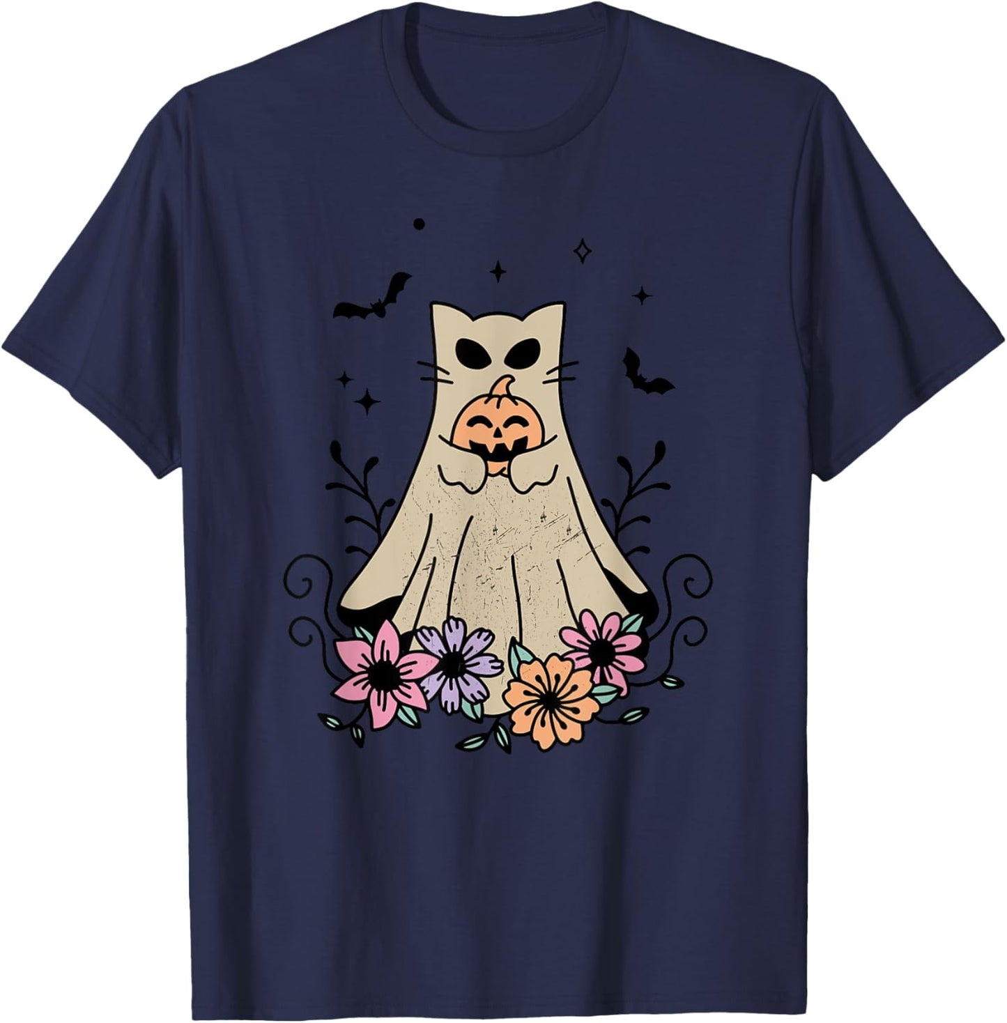 Groovy Vintage Floral Ghost cat Cute Halloween Spooky Season T-Shirt