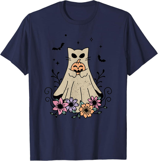 Groovy Vintage Floral Ghost cat Cute Halloween Spooky Season T-Shirt