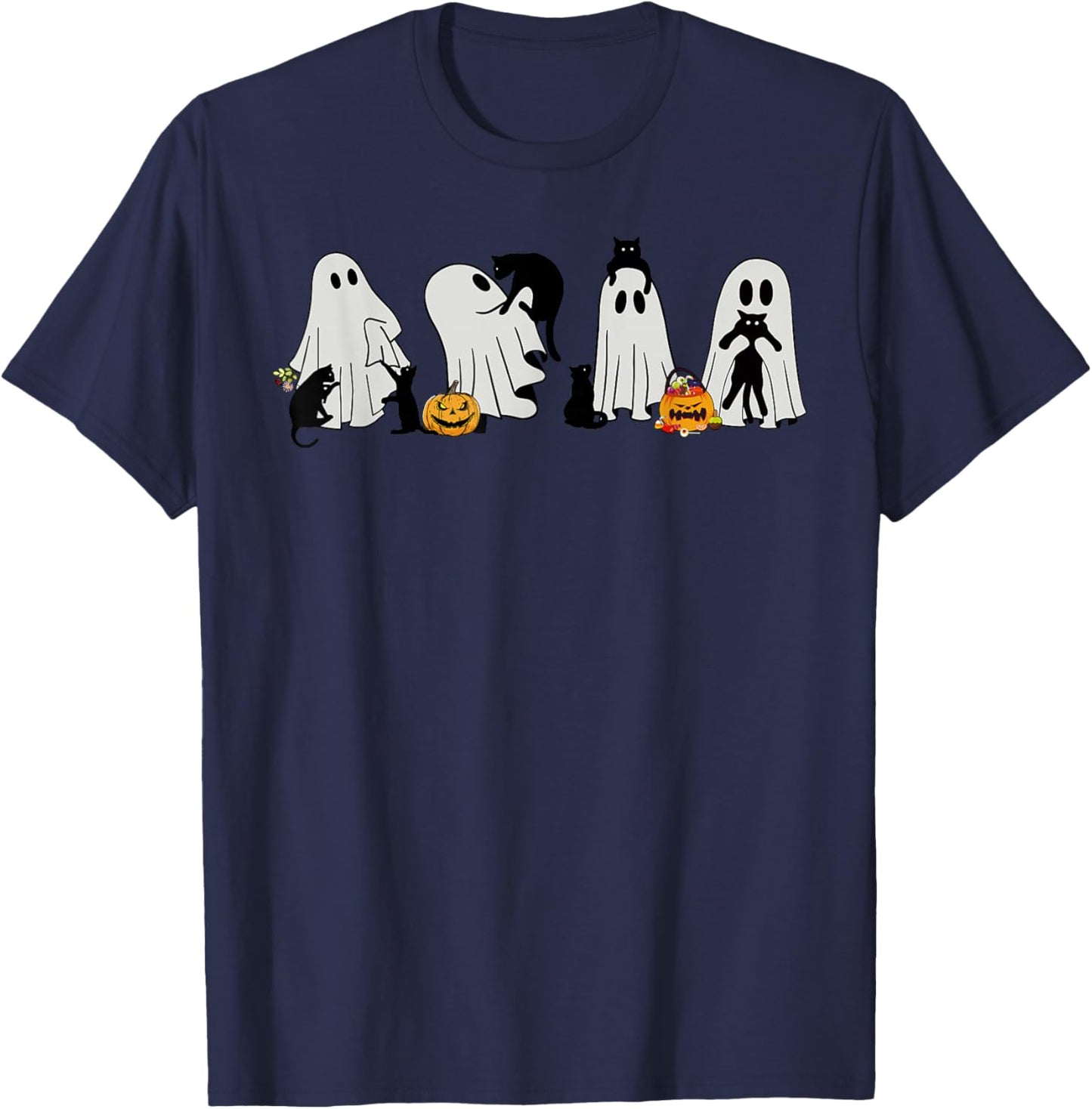 Halloween Black Cat and Ghost Spooky Season Art T-Shirt