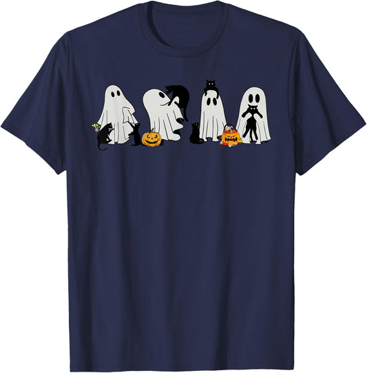 Halloween Black Cat and Ghost Spooky Season Art T-Shirt