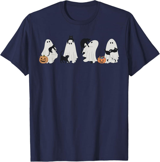 Halloween Black Cat &amp; Ghost, Pumkin Ghost, Spooky Season Cat T-Shirt
