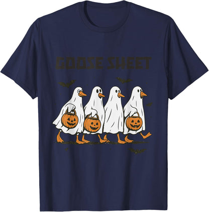 Halloween Fall Goose Sheet Ghost Floral Autumn Spooky Season T-Shirt