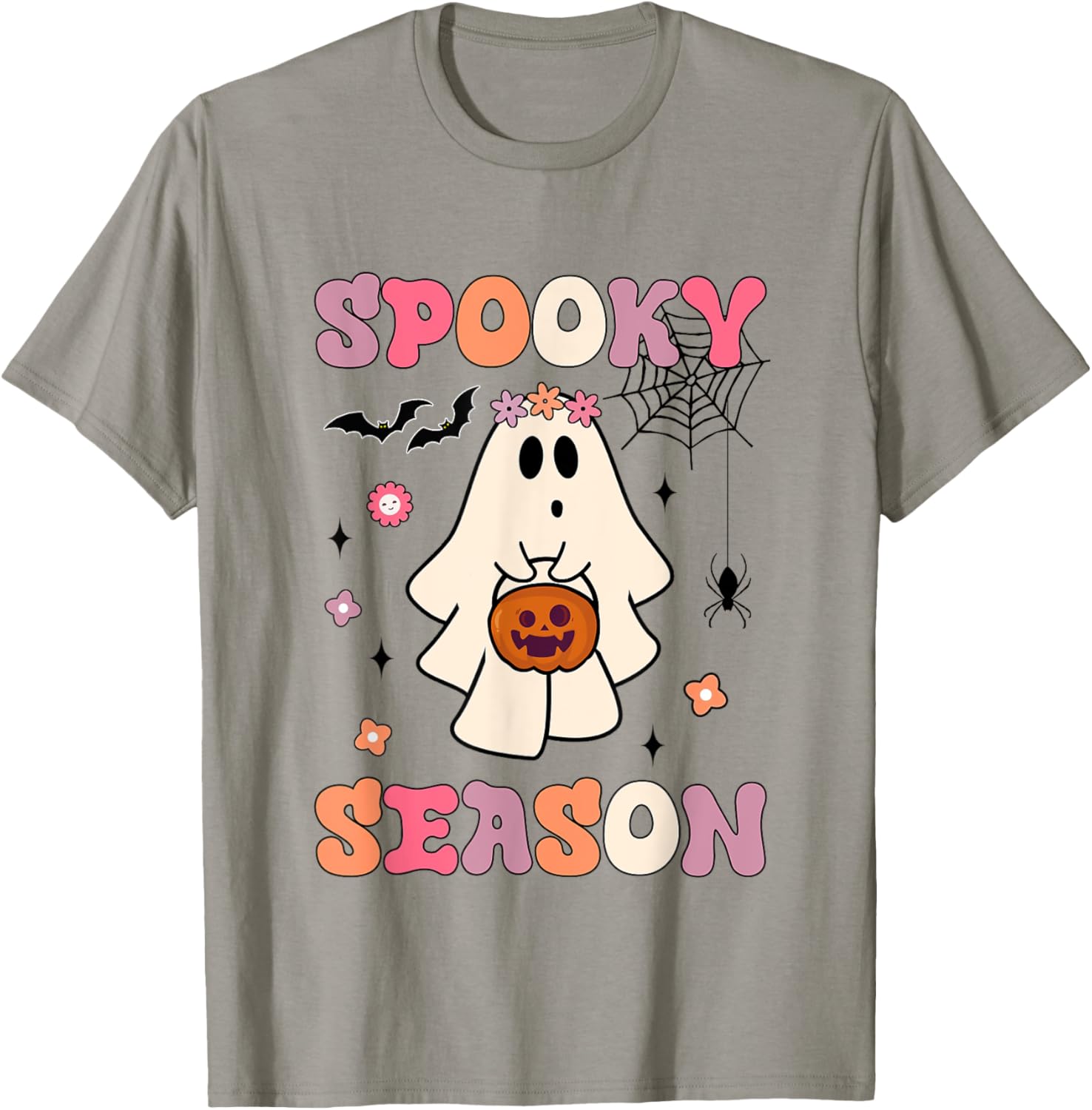 Groovy Spooky Season Funny Ghost Holding Pumpkin Halloween T-Shirt