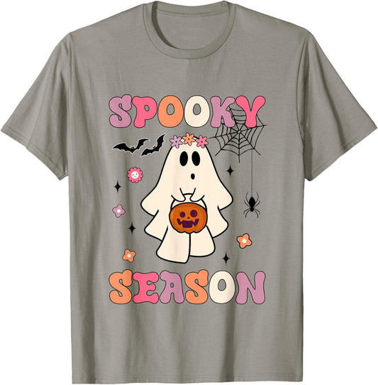 Groovy Spooky Season Funny Ghost Holding Pumpkin Halloween T-Shirt