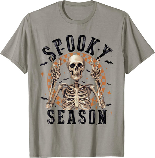 Groovy Spooky Season Skeleton Peace Hand Funny Halloween T-Shirt
