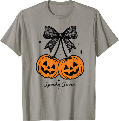 Halloween Pumpkin Cherries Coquette Bow Spooky Season Girls T-Shirt