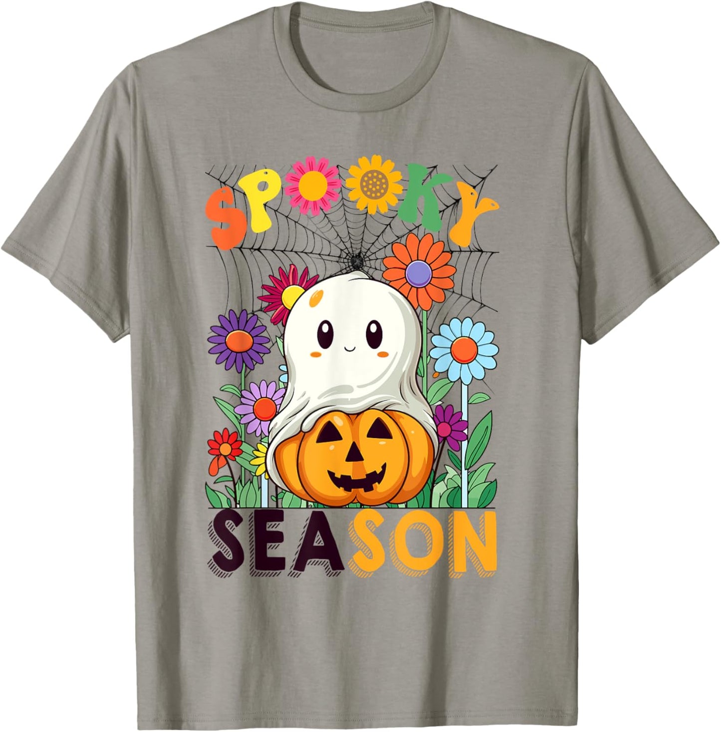Groovy Spooky Season Cute Ghost Holding Pumpkin Halloween T-Shirt