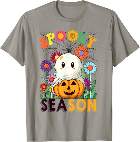 Groovy Spooky Season Cute Ghost Holding Pumpkin Halloween T-Shirt